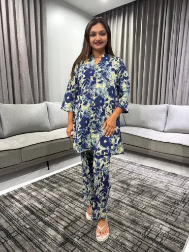[2431] Indigo Cotton Floral Regular Co-ord Set