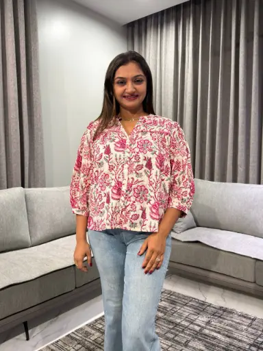 [2439] Cream Pure Cotton Floral Printed Shirt Style Top