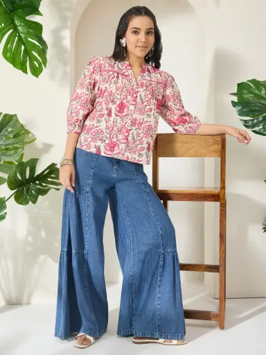 [2439] Cream Pure Cotton Floral Printed Shirt Style Top