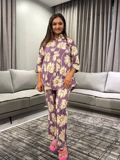 [2443] Lavender Floral Printed Pure Cotton Co-Ord Set