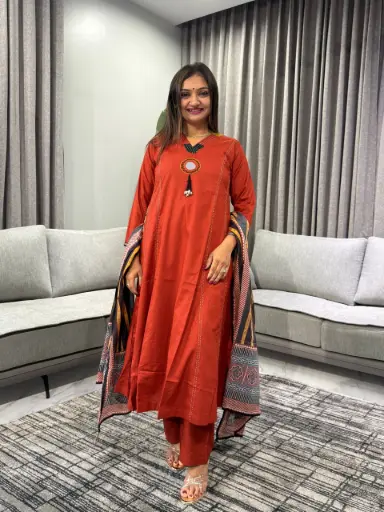 [2448] Rust Elegance Pure Cotton 3-Piece Kurta Set