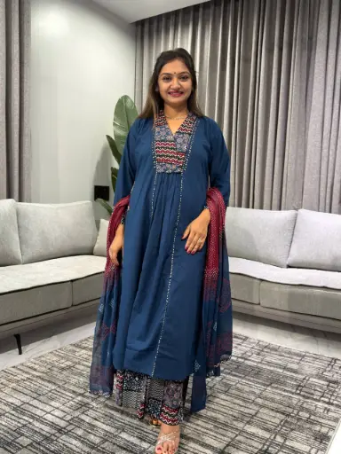 [2450] Navy Ethnic Printed Pure Cotton 3-Piece Kurta Set