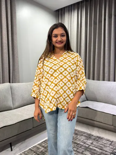 [2441] Mustard Bloom Pure Cotton Printed Top