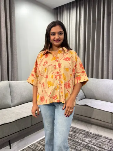 [2435] Lotus Bloom Pure Cotton Printed Shirt Top