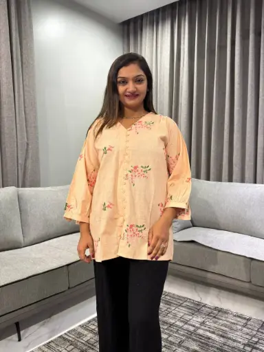 [2471] Pastel Peach & Sage Slub Cotton Tunic