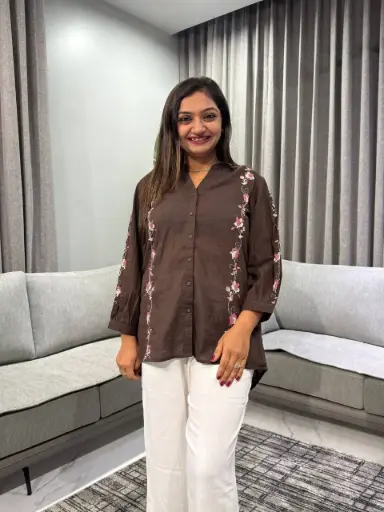 [2473] Dark Brown Floral Embroidered Slub Cotton Tunic