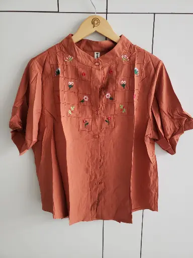[2474] Rust Terracotta Embroidered Soft Linen Top