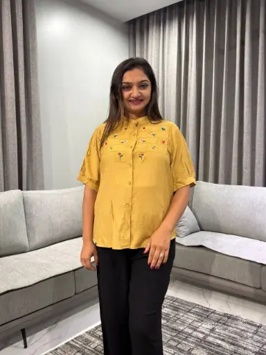 [2475] Mustard Yellow Embroidered Soft Linen Top