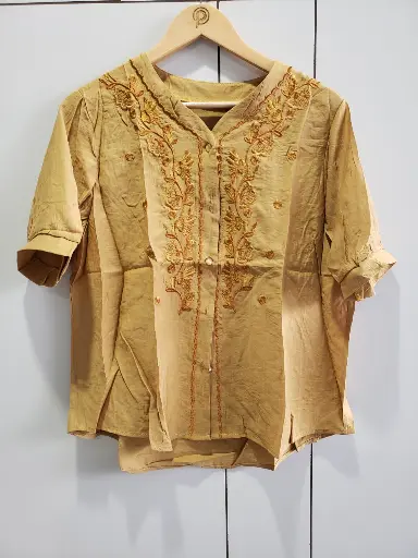 [2482] Ochre Gold Floral Embroidered Soft Linen Top