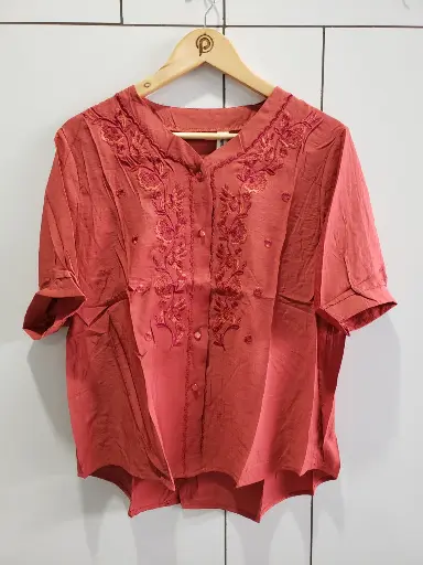 [2483] Rust Red Floral Embroidered Soft Linen Top