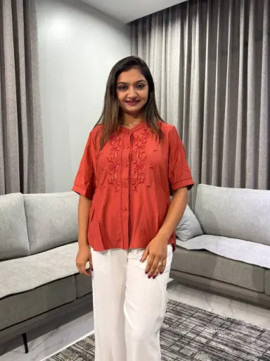 [2483] Rust Red Floral Embroidered Soft Linen Top