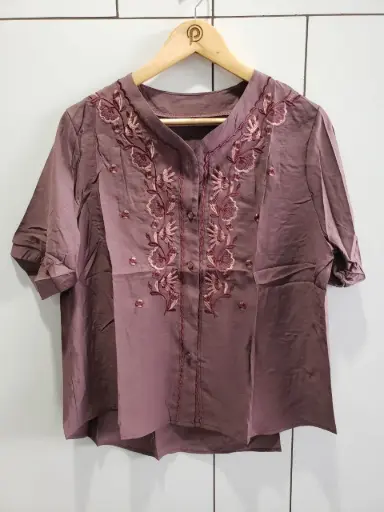 [2485] Mauve Taupe Floral Embroidered Soft Linen Top