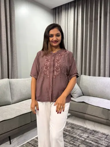 [2485] Mauve Taupe Floral Embroidered Soft Linen Top