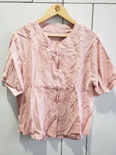 [2486] Blush Pink Floral Embroidered Soft Linen Top