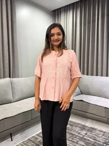 [2486] Blush Pink Floral Embroidered Soft Linen Top