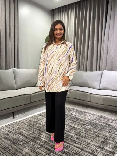 [2487] Abstract Wave Printed Premium Linen Long Shirt