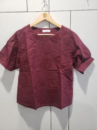[2490] Wine Blossom Premium Soft Linen Top