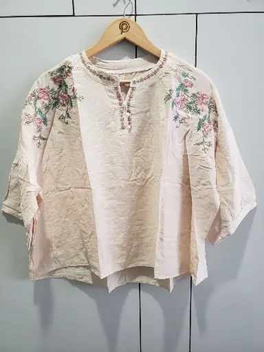 [2496] Blush Bloom Embroidered Soft Linen Top