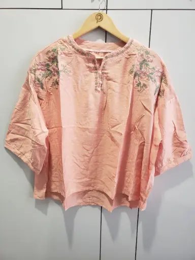 [2497] Peach Blossom Embroidered Soft Linen Top