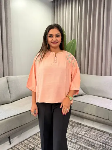 [2497] Peach Blossom Embroidered Soft Linen Top