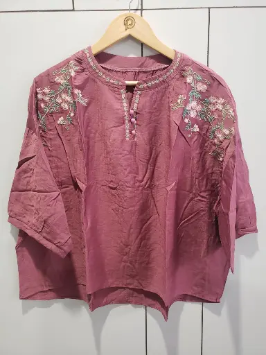 [2498] Mauve Bloom Embroidered Soft Linen Top