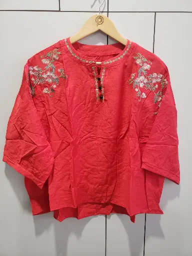 [2499] Coral Bloom Embroidered Soft Linen Top