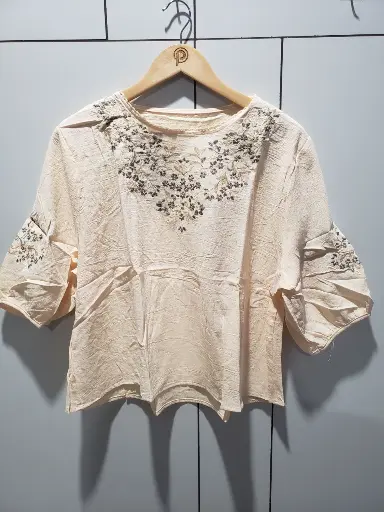 [2500] Ivory Bloom Embroidered Soft Linen Top