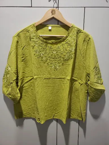 [2501] Olive Bloom Embroidered Soft Linen Top