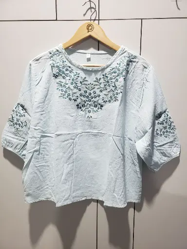 [2502] Sky Bloom Embroidered Soft Linen Top