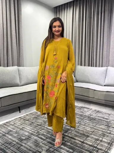 [2505] Mustard Yellow Embroidered Mull Cotton Kurta Set