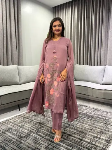 [2506] Mauve Rose Embroidered Mull Cotton Kurta Set