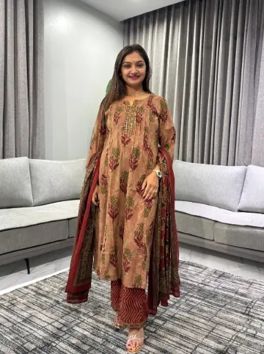 [2510] Rust Red Floral Ajrakh Printed Cotton Kurta Set