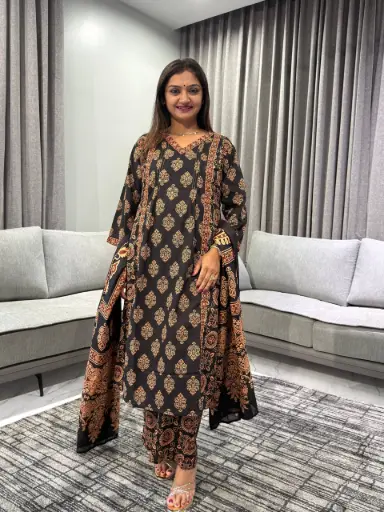[2511] Black Ajrakh Hand Block Printed Cotton Kurta Set