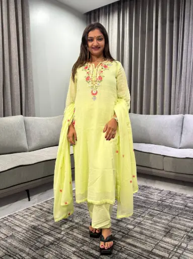 [2515] Pastel Green Embroidered Mull Cotton Kurta Set