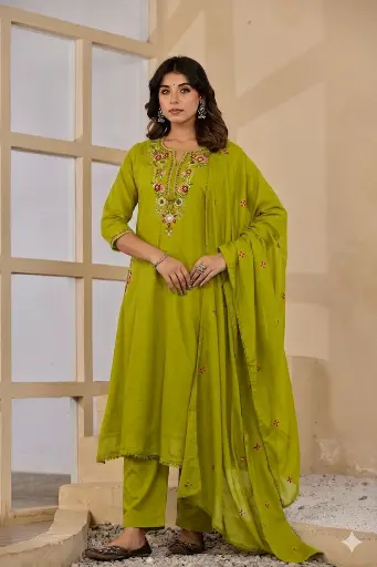 [2516] Olive Green Embroidered Mull Cotton Kurta Set