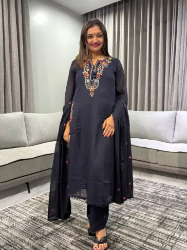 [2517] Midnight Black Embroidered Mull Cotton Kurta Set