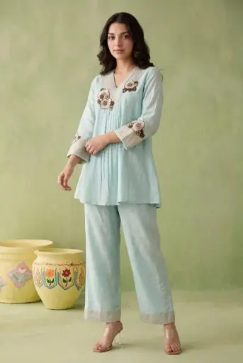 [2522] Sky Bloom Pure Chanderi Co-ord Set