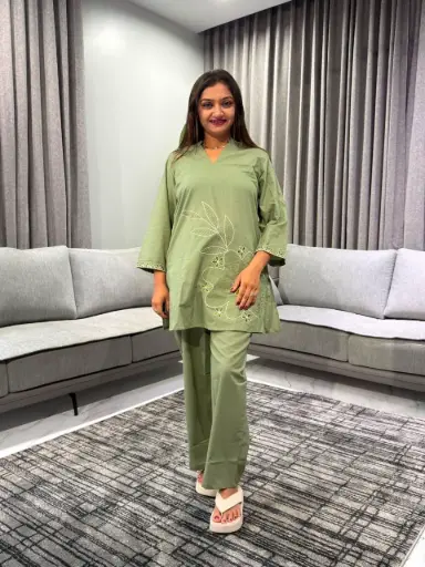[2526] Olive Bloom Pure Cotton Co-Ord Set