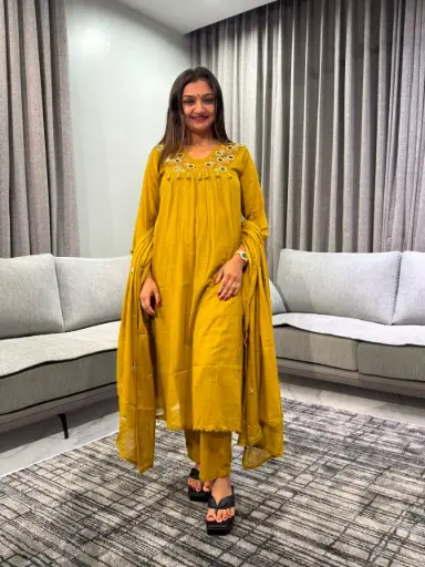 [2528] Mustard Mirror Yoke Mull Cotton Kurta Set