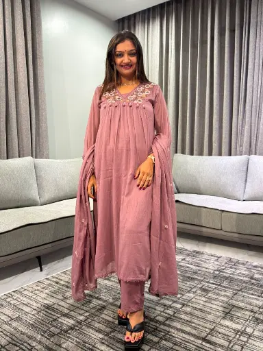 [2530] Rose Mist Mirror Embroidered Mull Cotton Kurta Set