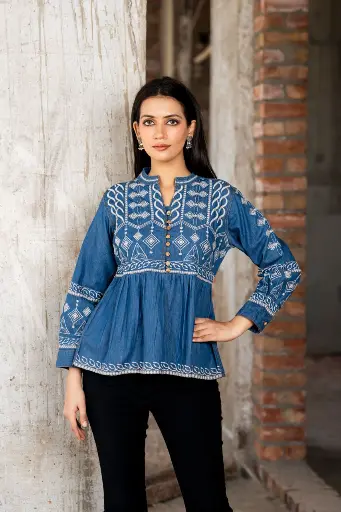 [2531] Indigo Heritage Embroidered Denim Top