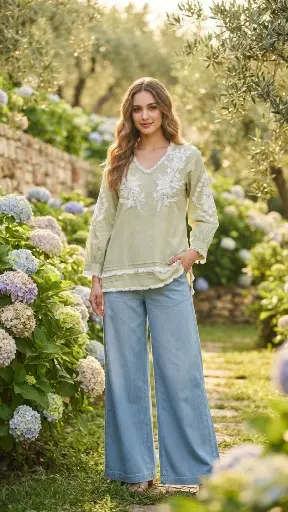 [2540] Sage Green Embroidered Pure Mull Mull Cotton Top