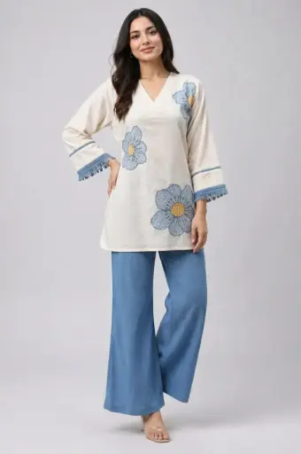 [2542] Off-White & Slate Blue Floral Embroidered Cotton Co-ord Set