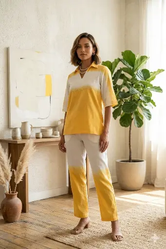 [2543] Yellow & White Ombré Tie-Dye Cotton Co-ord Set