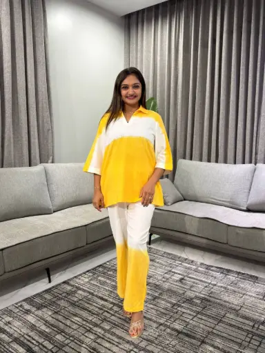 [2543] Yellow & White Ombré Tie-Dye Cotton Co-ord Set