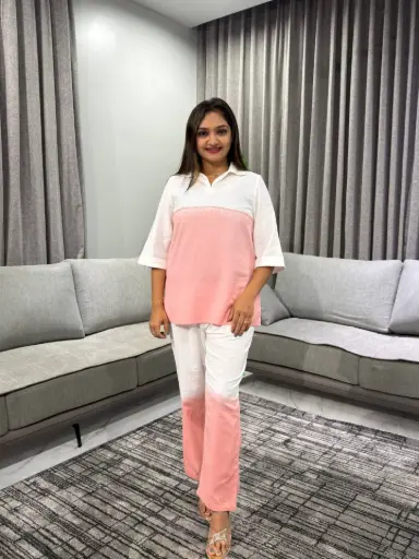 [2544] Blush Pink & White Ombré Dip-Dye Cotton Co-ord Set