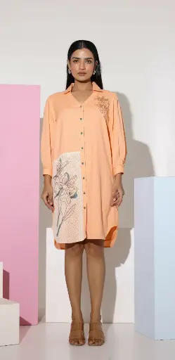 [2546] Peach Floral Embroidered Button-Down Cotton Tunic