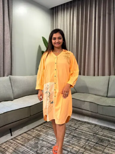 [2546] Peach Floral Embroidered Button-Down Cotton Tunic