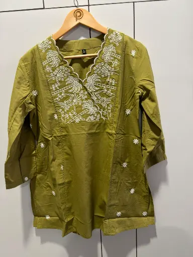 [2550] Olive Green Embroidered Cotton Tunic Top