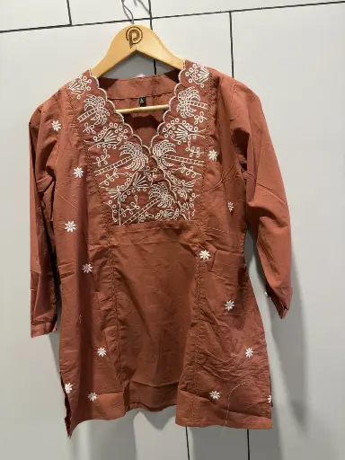 [2551] Rust Brown Palm Embroidered Cotton Tunic